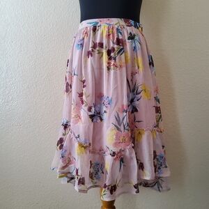 Band of Gypsies Boho Floral Print Pull On Ruffle Midi Skirt Size S Pink New